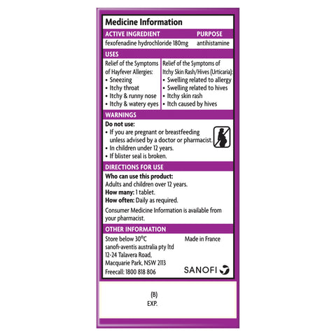 Telfast Skn/Rash Tab 180mg 30 Telfast Skn/Rash Tab 180mg 30