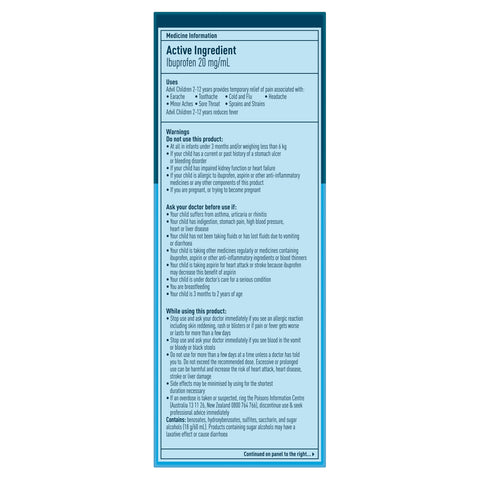 Advil Pain & Fever Suspension 2-12 years, sugar and colour free Ibuprofen 20mg/ml Strawberry Banana 200ml Advil Pain & Fever Suspension 2-12 years, sugar and colour free Ibuprofen 20mg/ml Strawberry Banana 200ml