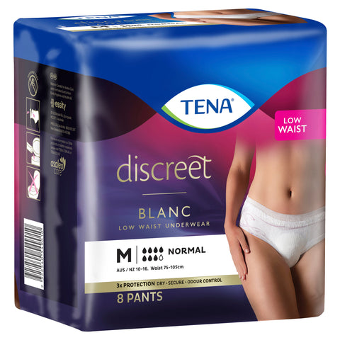 TENA Discreet Women's Low Waist Underwear White Medium (M) 8 Pack TENA Discreet Women's Low Waist Underwear White Medium (M) 8 Pack