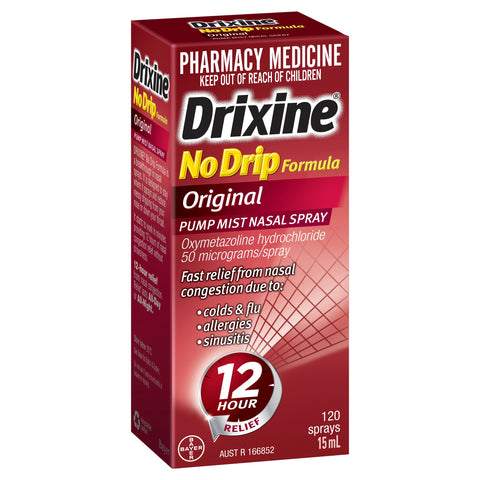 Drixine 12 Hour Relief No Drip Formula Original Pump Mist Nasal Spray 15ml Drixine 12 Hour Relief No Drip Formula Original Pump Mist Nasal Spray 15ml