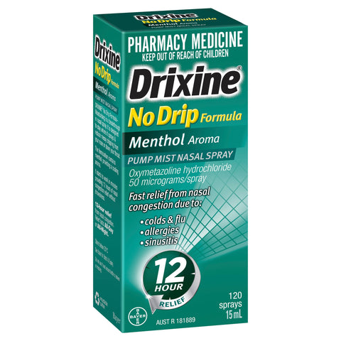 Drixine 12 Hour Relief No Drip Formula Menthol Aroma Pump Mist Nasal Spray 15ml Drixine 12 Hour Relief No Drip Formula Menthol Aroma Pump Mist Nasal Spray 15ml