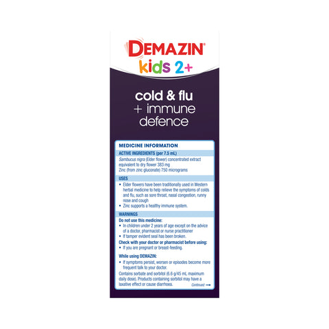 Demazin Kids 2+ Cold & Flu + Immune Defence Natural Berry Oral Liquid 200mL Demazin Kids 2+ Cold & Flu + Immune Defence Natural Berry Oral Liquid 200mL