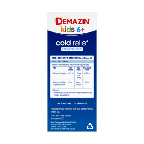 Demazin Kids 6+ Cold Relief Colour Free Syrup 100mL Demazin Kids 6+ Cold Relief Colour Free Syrup 100mL
