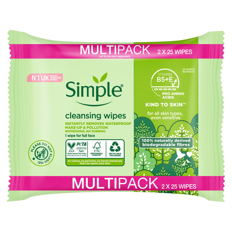 Simple Kind to Skin Biodegradable Cleansing Wipes with vit B5, vit E & pro amino acids 50 pc Simple Kind to Skin Biodegradable Cleansing Wipes with vit B5, vit E & pro amino acids 50 pc