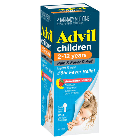 Advil Pain & Fever Suspension 2-12 years, sugar and colour free Ibuprofen 20mg/ml Strawberry Banana 200ml Advil Pain & Fever Suspension 2-12 years, sugar and colour free Ibuprofen 20mg/ml Strawberry Banana 200ml