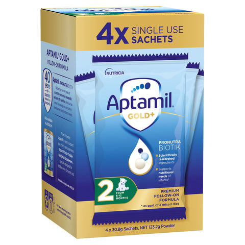Aptamil Gold+ 2 Baby Follow-on Formula Sachets From 6 To 12 Months 30.8g 4PK Aptamil Gold+ 2 Baby Follow-on Formula Sachets From 6 To 12 Months 30.8g 4PK