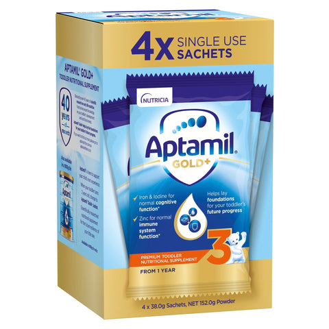 Aptamil Gold+ 3 Toddler Milk Formula Sachets From 1+ Year 38.0g 4PK Aptamil Gold+ 3 Toddler Milk Formula Sachets From 1+ Year 38.0g 4PK