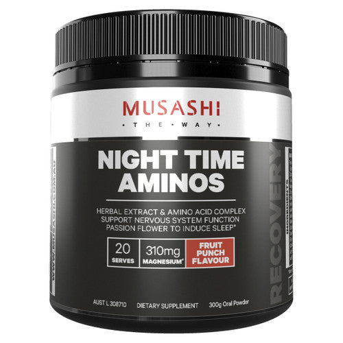 Night Time Aminos Fruit Punch 300g Front of Packaging Night Time Aminos Fruit Punch 300g Front of Packaging