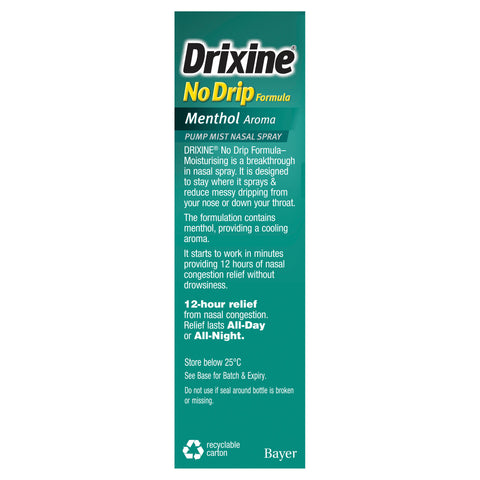 Drixine 12 Hour Relief No Drip Formula Menthol Aroma Pump Mist Nasal Spray 15ml