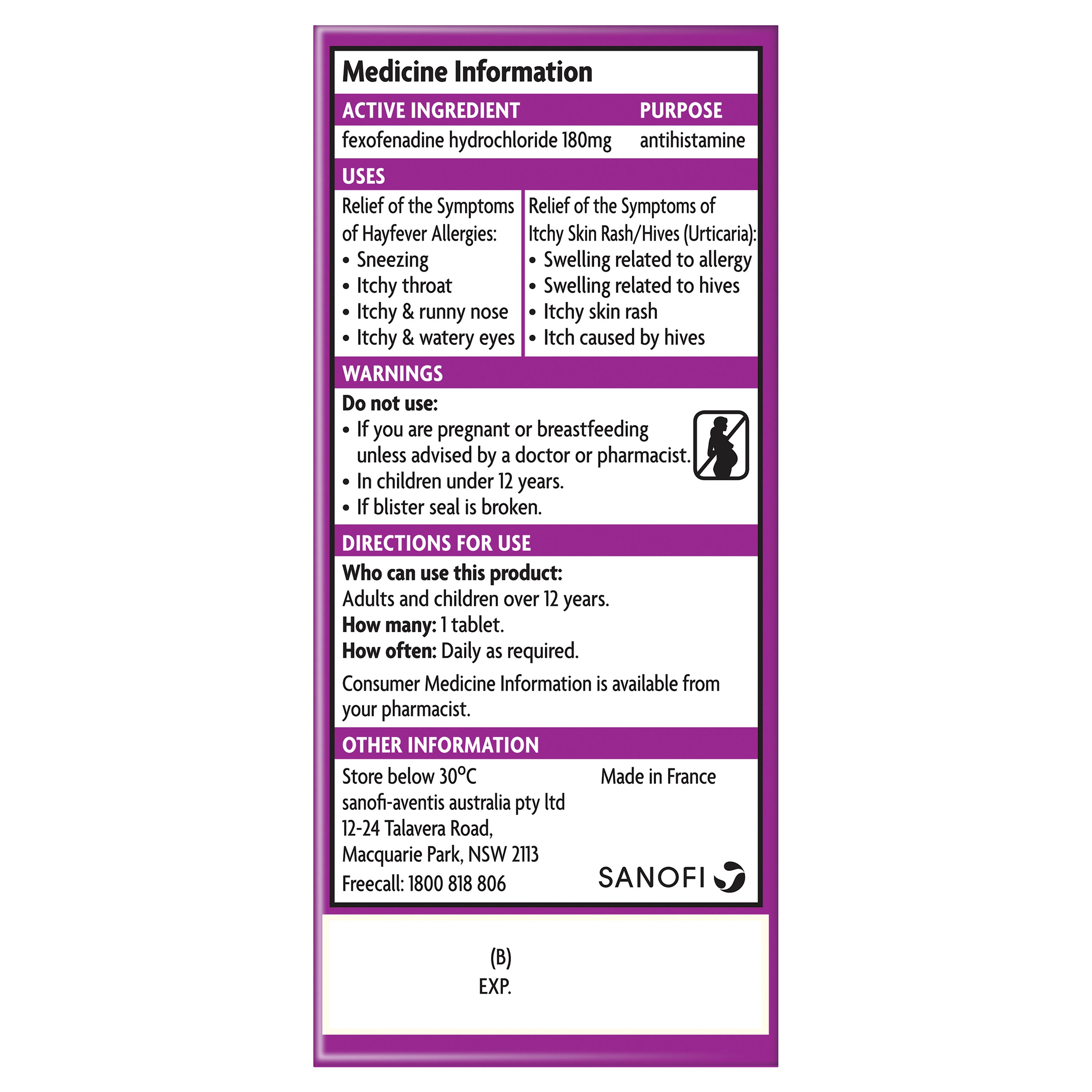 Telfast Skn/Rash Tab 180mg 30