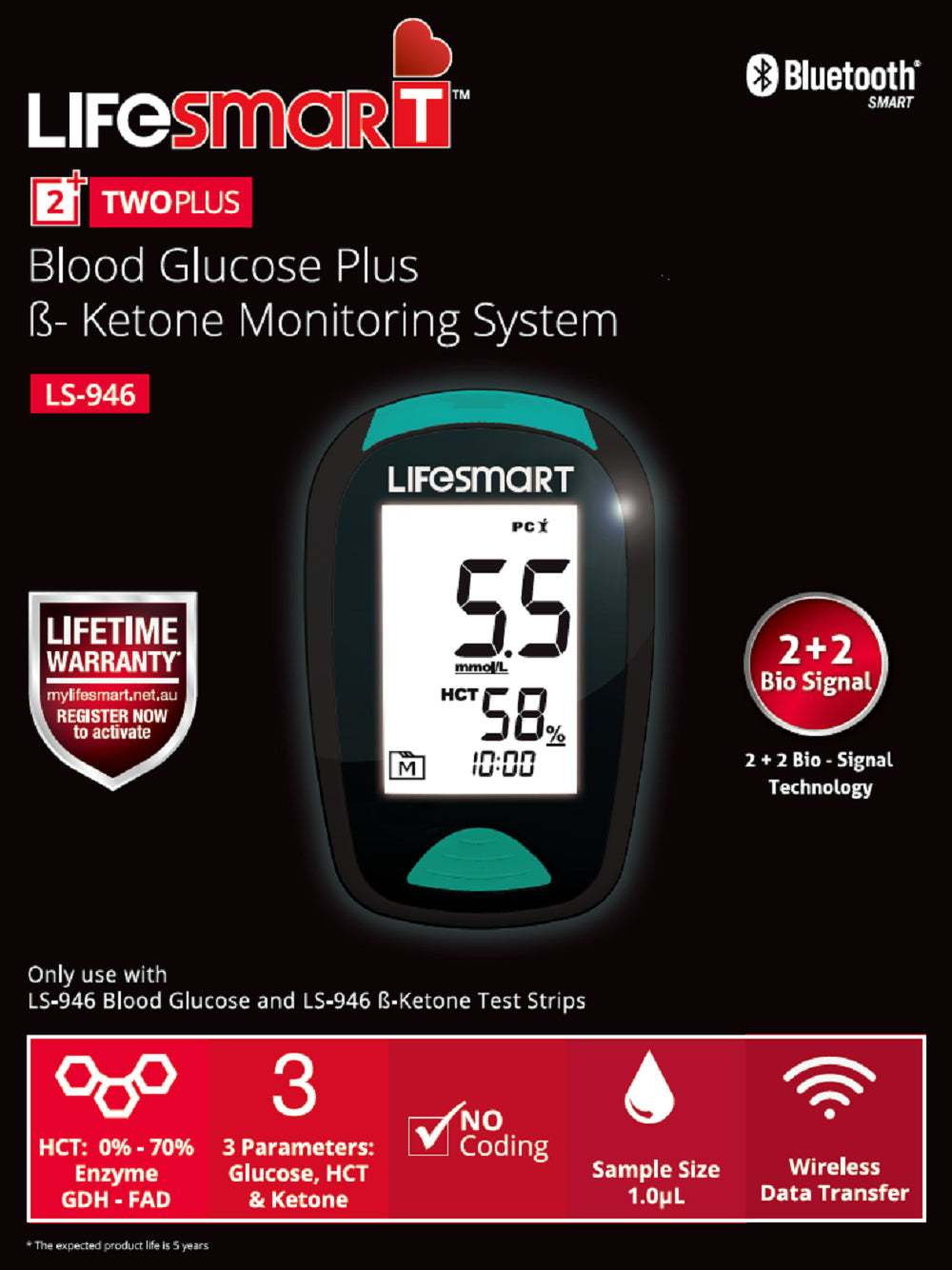 LifeSmart 2TwoPlus Blood Glucose & Ketone Meter LS-946 Bluetooth