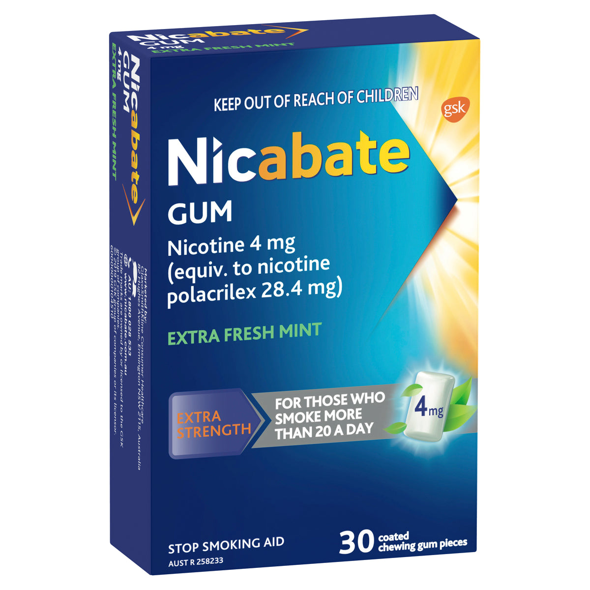 Nicabate Gum Stop Smoking Nicotine 4mg Extra Strength Extra Fresh Mint Coated Chewing Gum 30 Pack