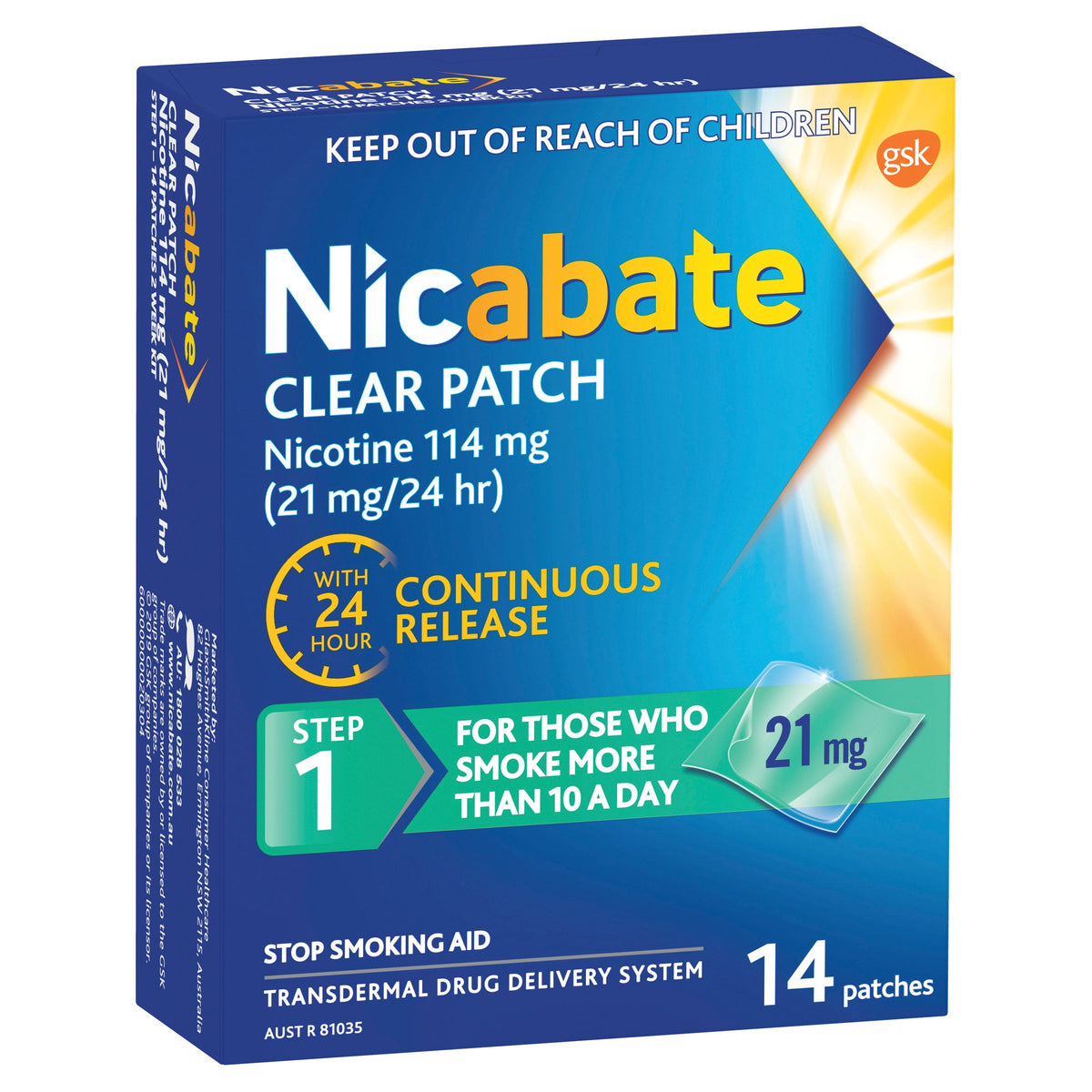 Nicabate Clear Patch Stop Smoking Transdermal drug delivery system Nicotine 21mg 14 Pack