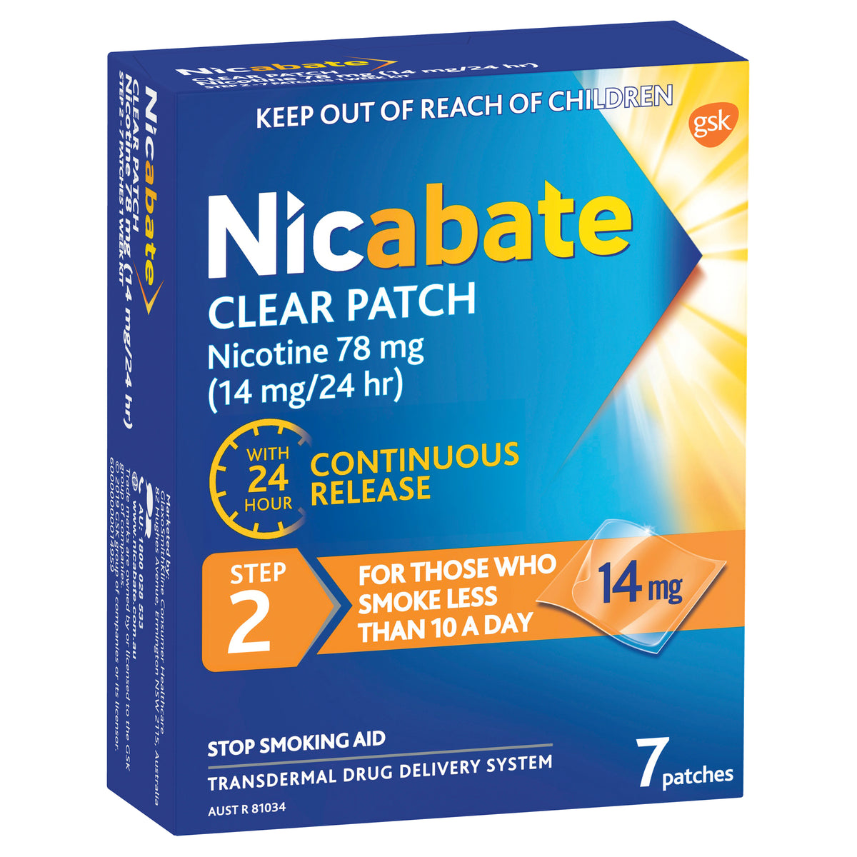 Nicabate Clear Patch Stop Smoking Transdermal drug delivery system Nicotine 14mg 7 Pack