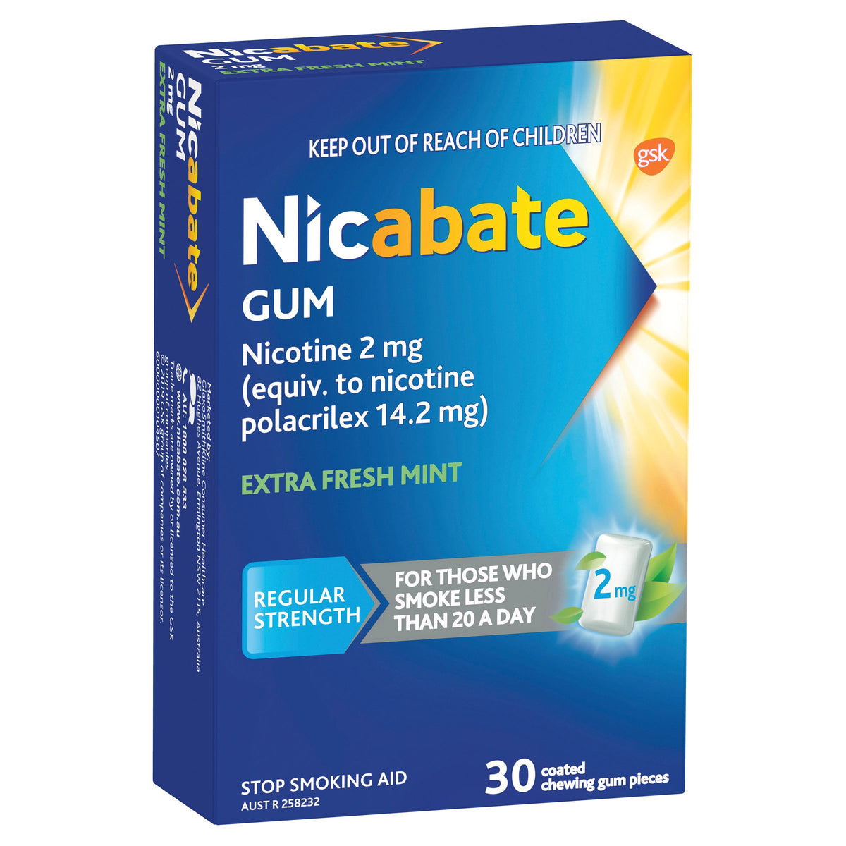 Nicabate Gum Stop Smoking Nicotine 2mg Regular Strength Extra Fresh Mint Coated Chewing Gum 30 Pack