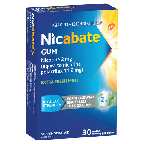 Nicabate Gum Stop Smoking Nicotine 2mg Regular Strength Extra Fresh Mint Coated Chewing Gum 30 Pack