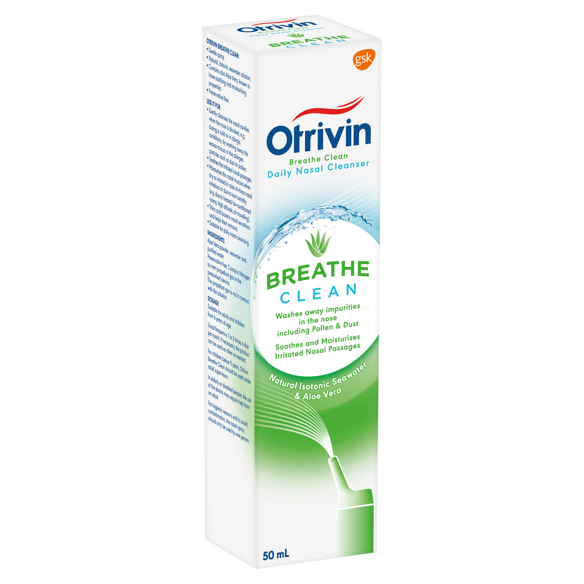 Otrivin Breathe Clean Natural Daily Nasal Cleanser with Isotonic Seawater & Aloe Vera, 50mL