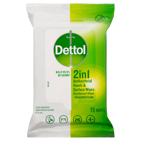 Dettol 2 in 1 Hands and Surfaces Antibacterial Wipes 15pk