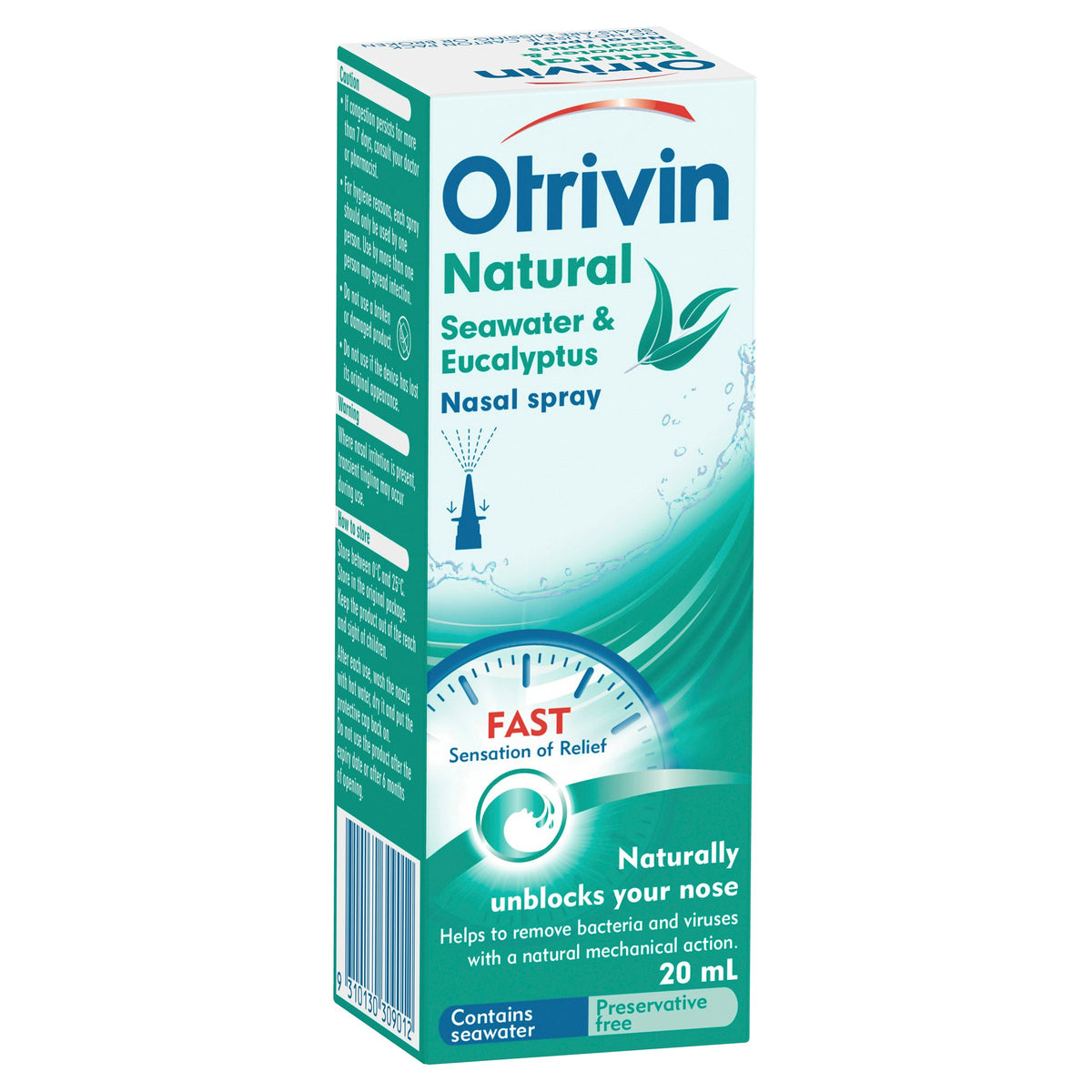 Otrivin Natural Nasal Spray with Seawater and Eucalyptus, for Blocked Nose, 20mL