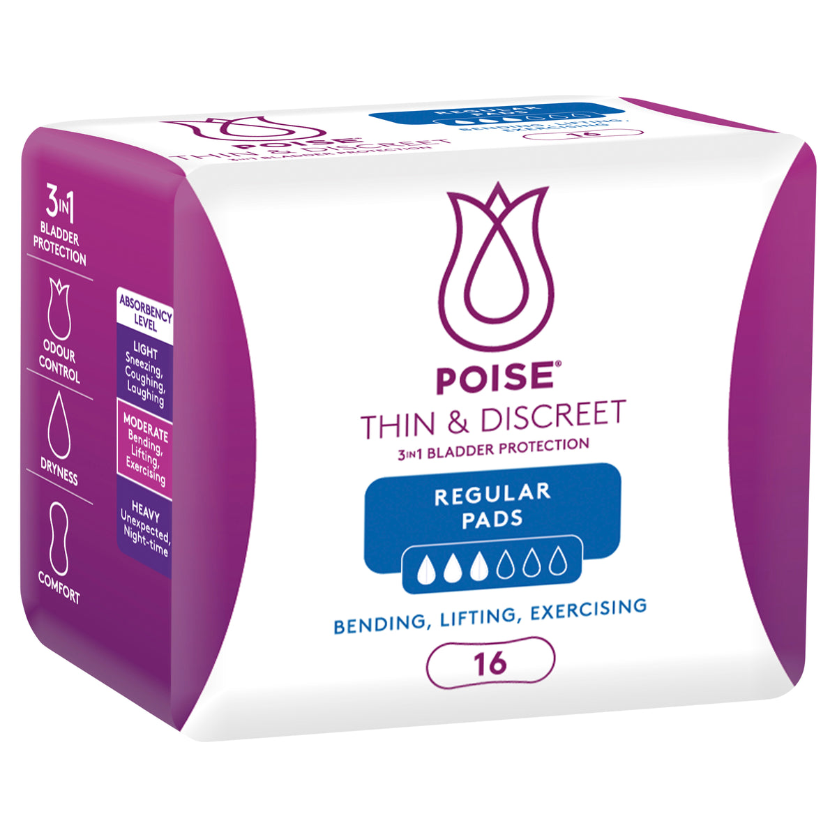 Poise Thin & Discreet Pads Regular 16 Pack