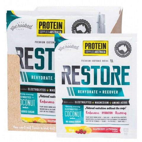 PROTEIN SUPPLIES AUSTRALIA Restore Hydration Recovery Drink Raspberry Lemonade 16x10g