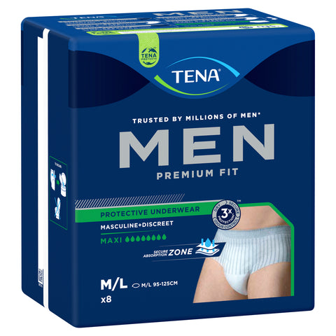 TENA Men Premium Fit Protective Underwear Level 4 Maxi Medium/Large (M/L) 8 Pack