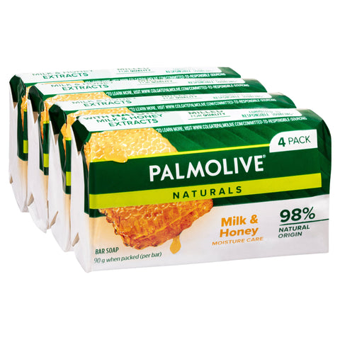 Palmolive Naturals Bar Soap, 4 Pack x 90g, Moisture Care with Natural Milk & Honey