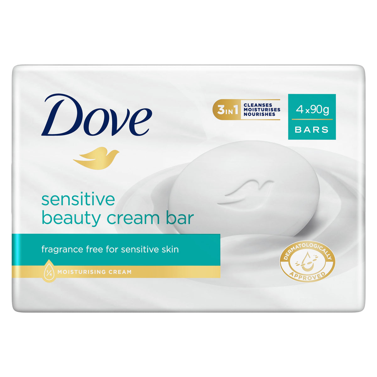 Dove Beauty Cream Bar for soft, smooth, healthy-looking skin Sensitive with 1/4 moisturising cream 4 x 90 g