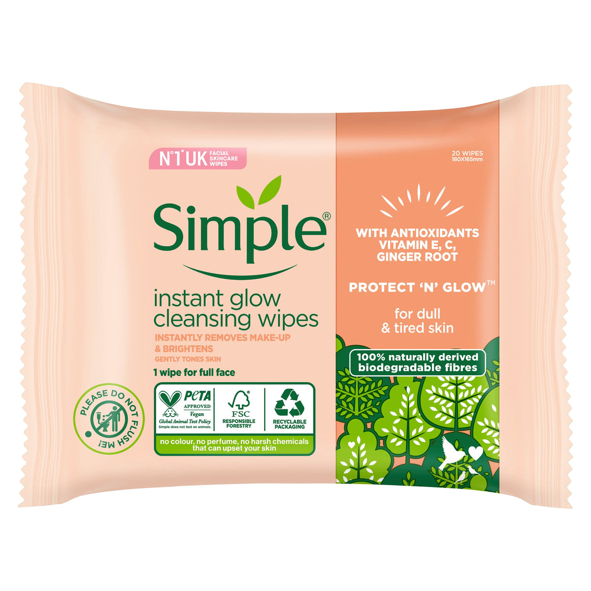 Simple Protect 'N' Glow Instant Glow Biodegradable Wipes, with vitamin E, vitamin C, antioxidants and ginger root 20 pc