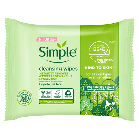 Simple Kind to Skin Biodegradable Cleansing Wipes with vitamin B5, vitamin E and pro amino acids 25 pc