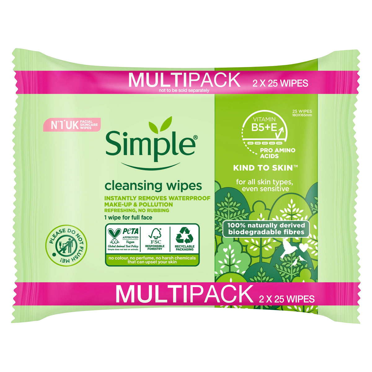 Simple Kind to Skin Biodegradable Cleansing Wipes with vit B5, vit E & pro amino acids 50 pc