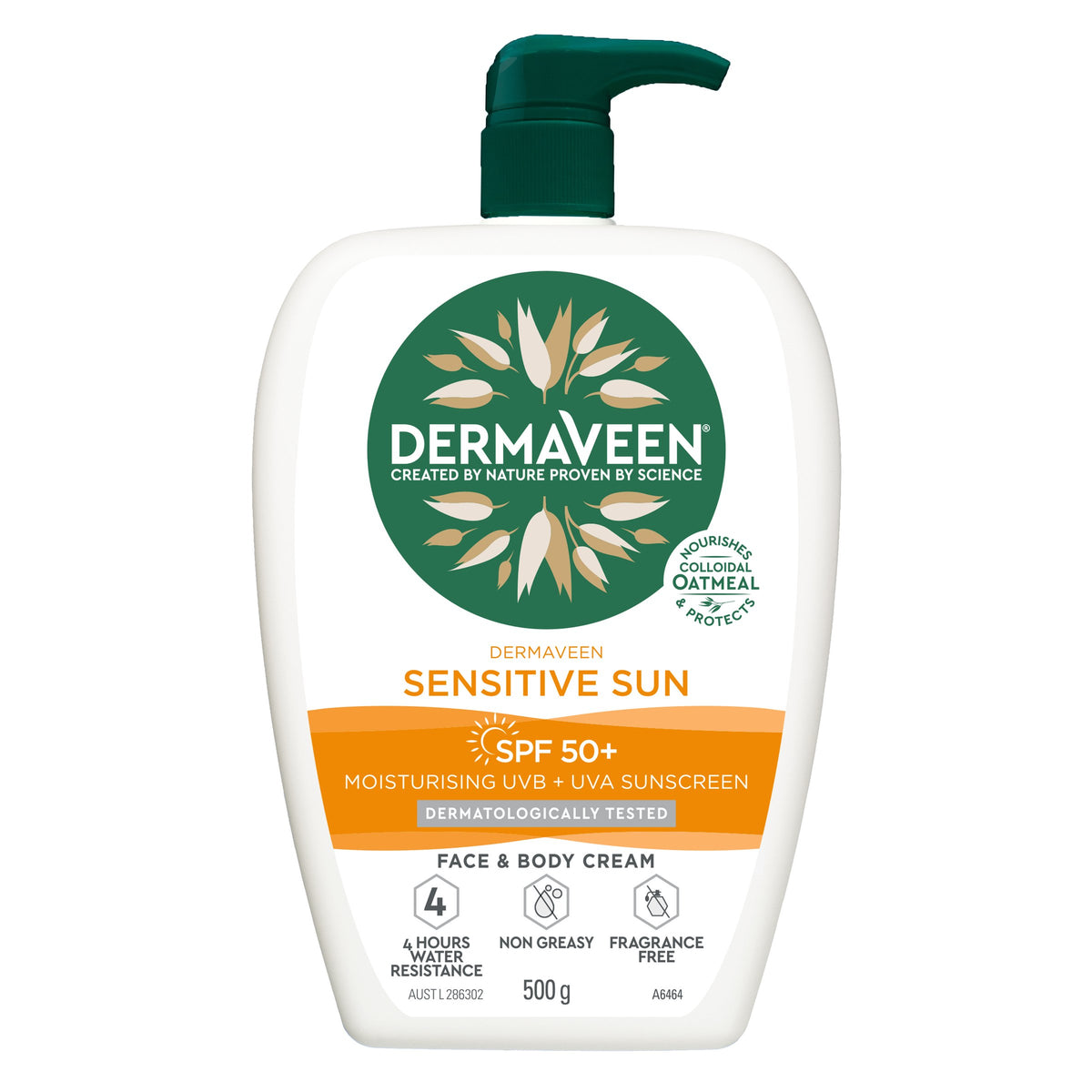 DermaVeen Sensitive Sun SPF 50+ Moisturising UVB + UVA Sunscreen Face & Body Cream Pump Pack 500g