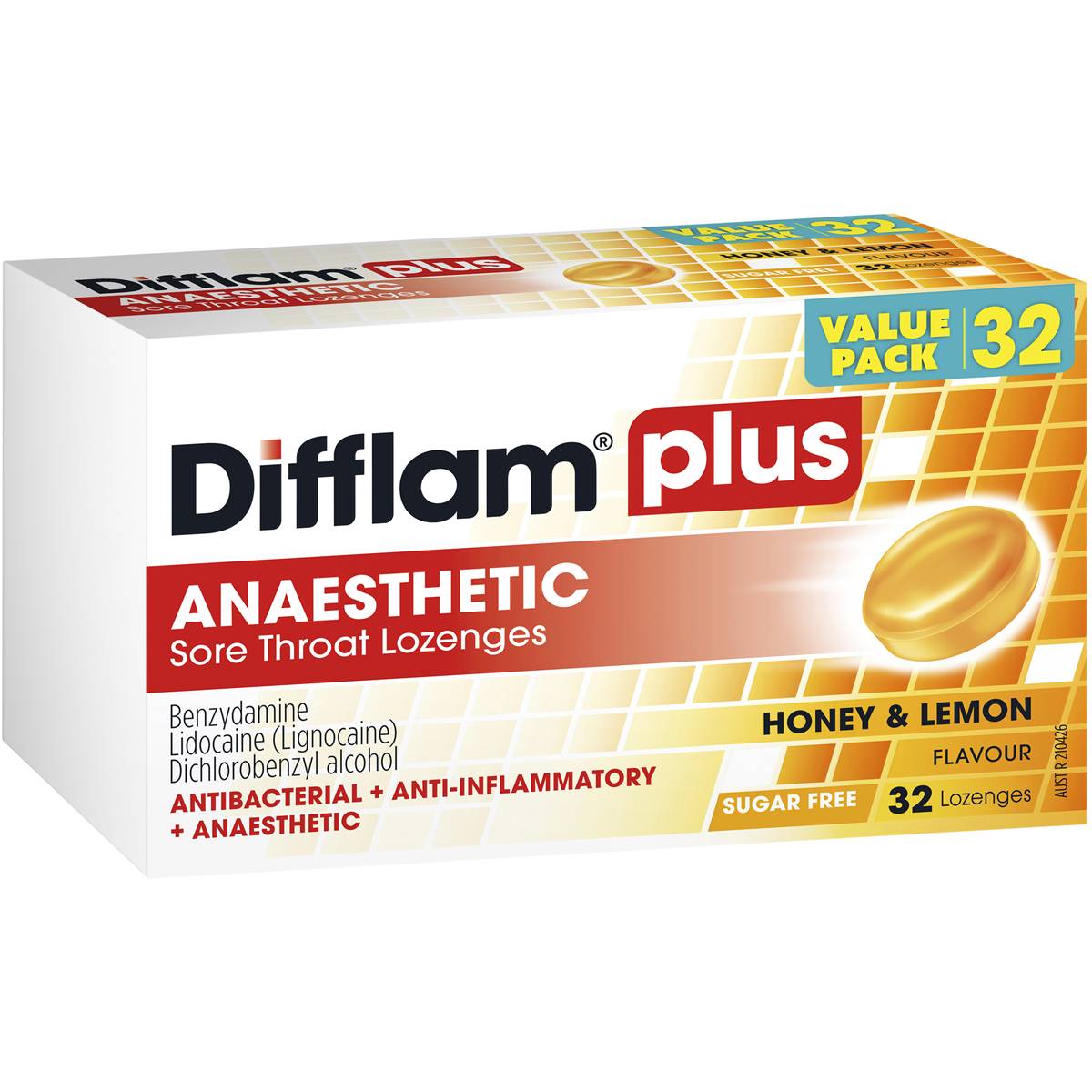 Difflam Plus Anaesthetic Sore Throat Lozenges Honey & Lemon 32PK