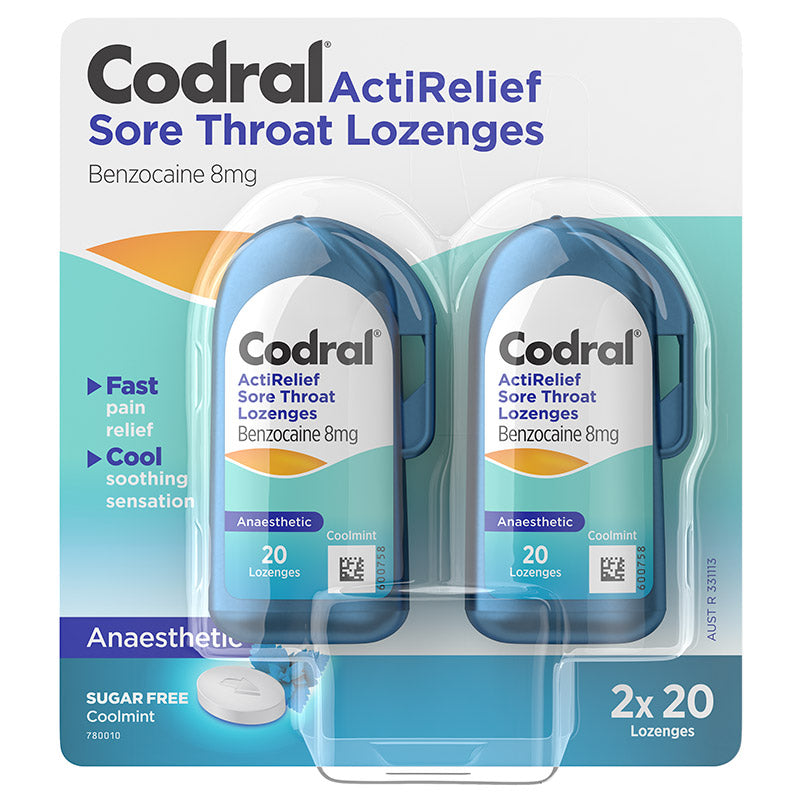 Codral ActiRelief Sore Throat Lozenges Anaesthetic Coolmint 2 x 20 Pack