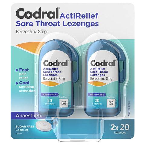 Codral ActiRelief Sore Throat Lozenges Anaesthetic Coolmint 2 x 20 Pack