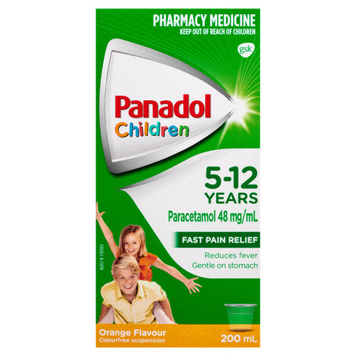 Front side of the box for Panadol Children 5-12 Years Fever & Pain Relief Orange 200ml