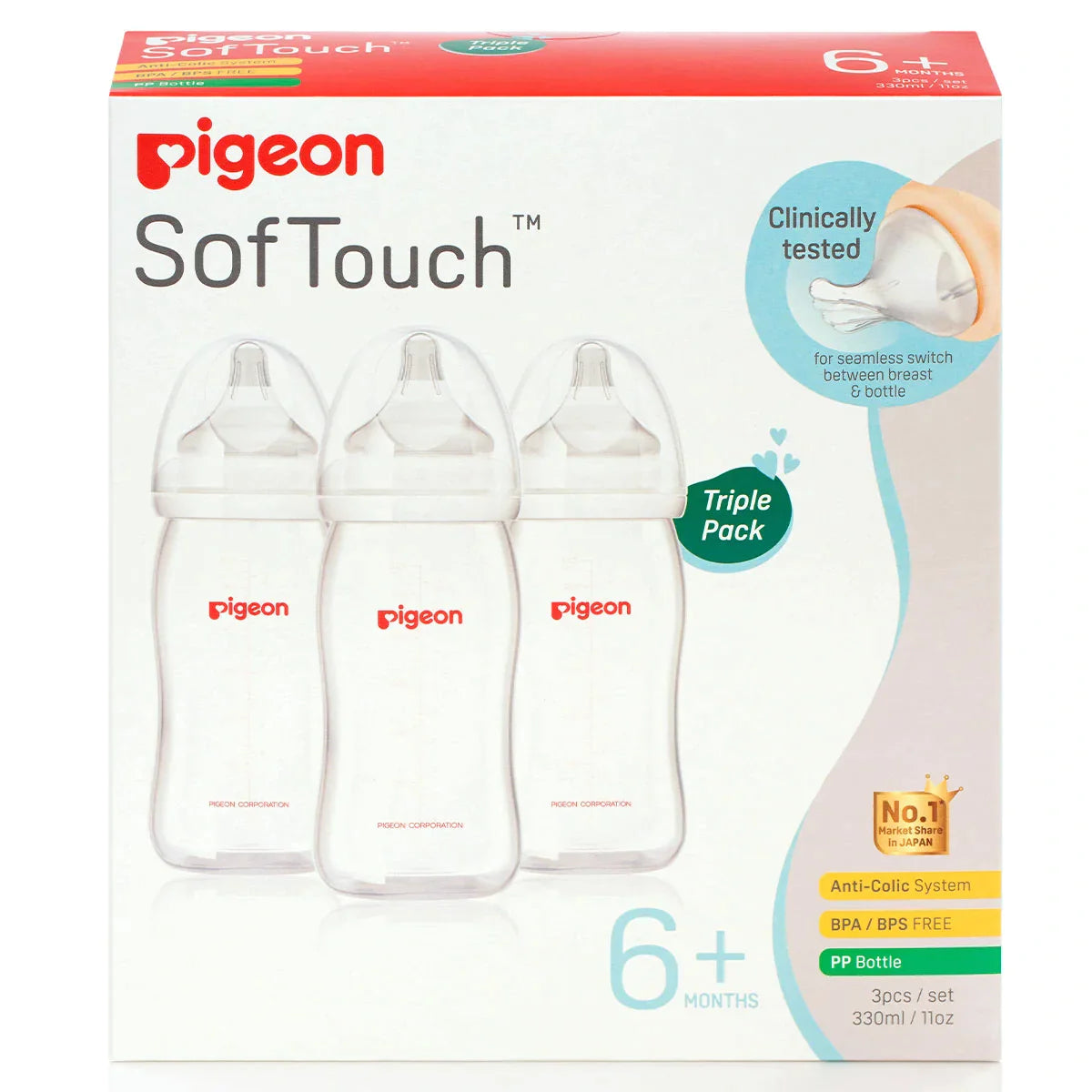 PIGEON SOFTOUCH BOTTLE PP TRIPLE PACK 330ML