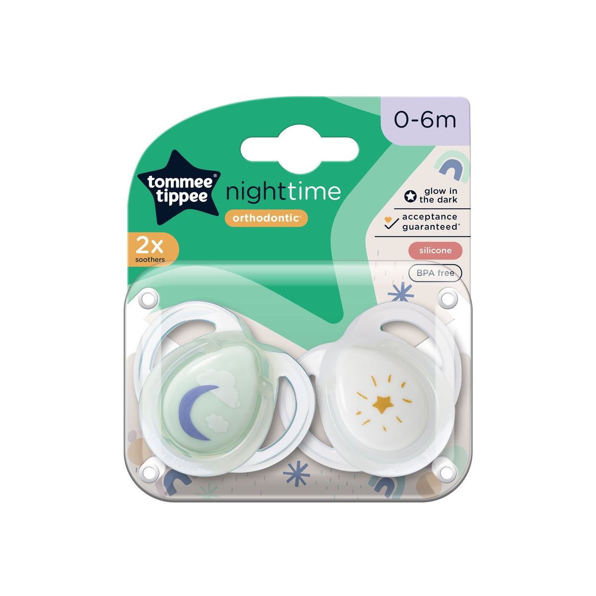 Tommee Tippee Closer To Nature Night Time Soothers 0-6 Months 2 Pack (Colours May Vary)