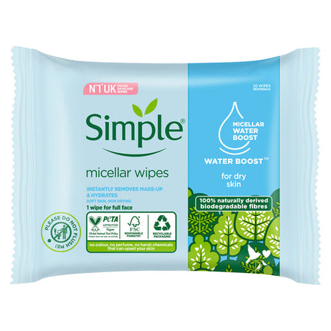 Simple Kind To Skin Micellar Biodegradable Facial Wipes 20 wipes