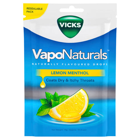 Vicks VapoNaturals Lemon Menthol Throat Lozenges Naturally Flavoured Drops Resealable Bag 19 pack