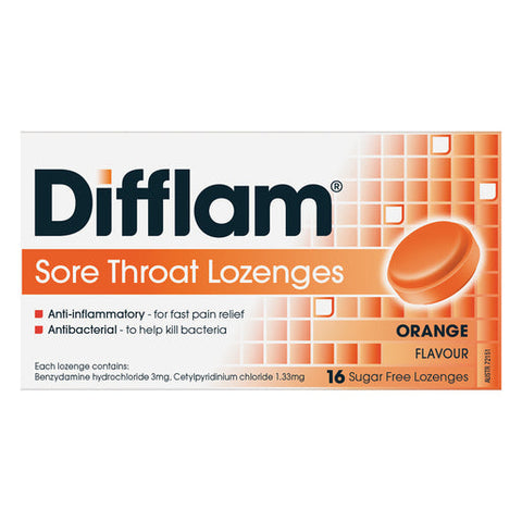 Difflam Sore Throat Lozenges Sugar Free Orange Flavour 16 lozenges