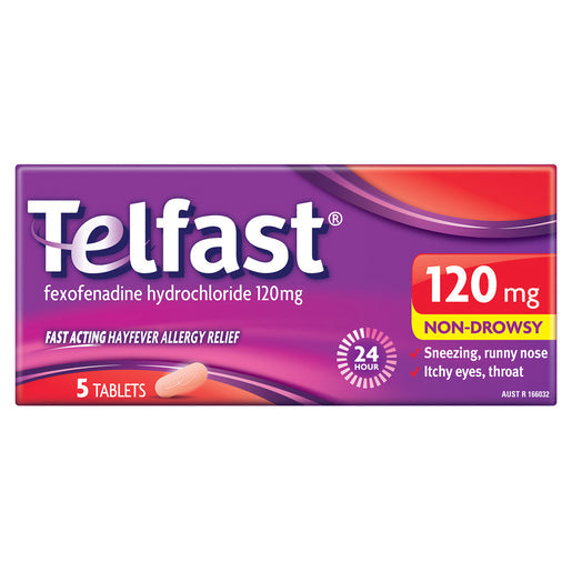 TELFAST Hayfever Allergy Relief 120mg Antihistamine Tablets Non-Drowsy 5 tablets