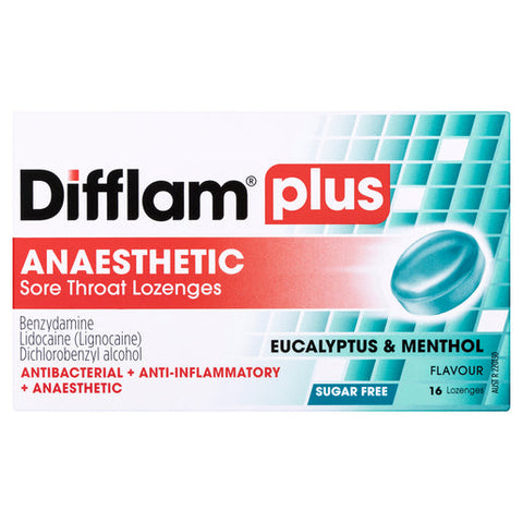 Difflam Plus Anaesthetic Sore Throat Lozenges Eucalyptus & Menthol Flavour 16 lozenges