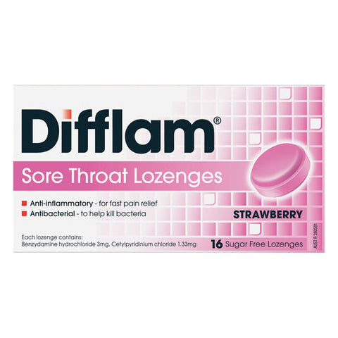 Difflam Sore Throat Lozenges Sugar Free Strawberry 16 lozenges