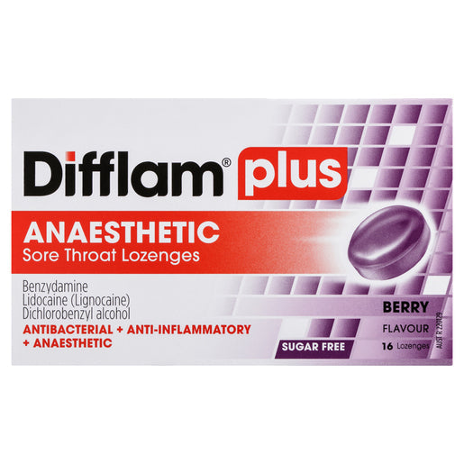 Difflam Plus Anaesthetic Sore Throat Lozenges Berry Flavour 16 lozenges