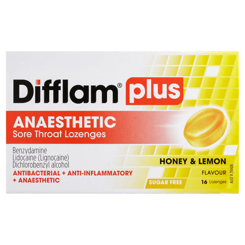 Difflam Plus Anaesthetic Sore Throat Lozenges Honey & Lemon Flavour 16 lozenges