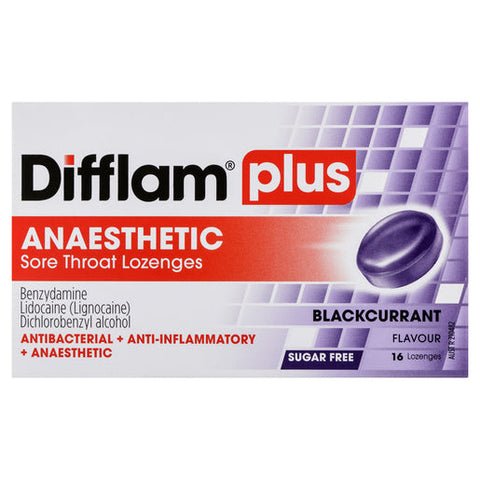 Difflam Plus Anaesthetic Sore Throat Lozenges Blackcurrant Flavour 16 lozenges