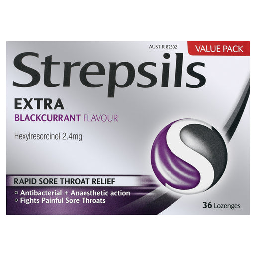 Strepsils EXTRA Rapid Sore Throat Relief Blackcurrant Flavour 36 lozenges