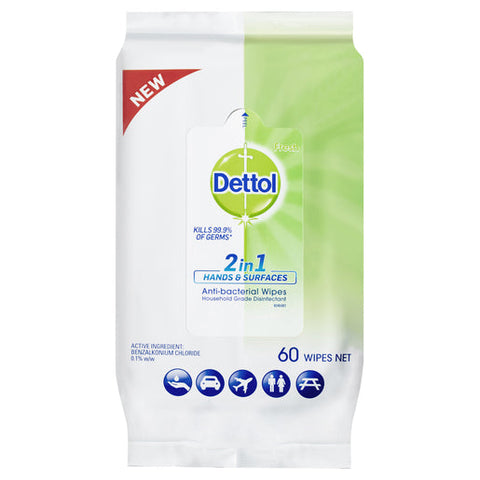 Dettol 2 in 1 Hands & Surfaces Anti-bacterial Wipes 60 wipes