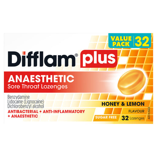 Difflam Plus Anaesthetic Sore Throat Lozenges Honey & Lemon Flavour 32 lozenges